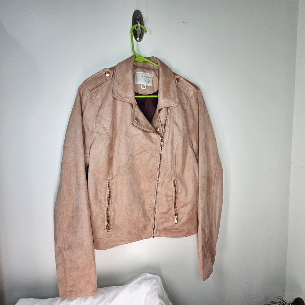 Blush pink ultra-suede jacket with asymmetrical "motorcycle" style zip front.